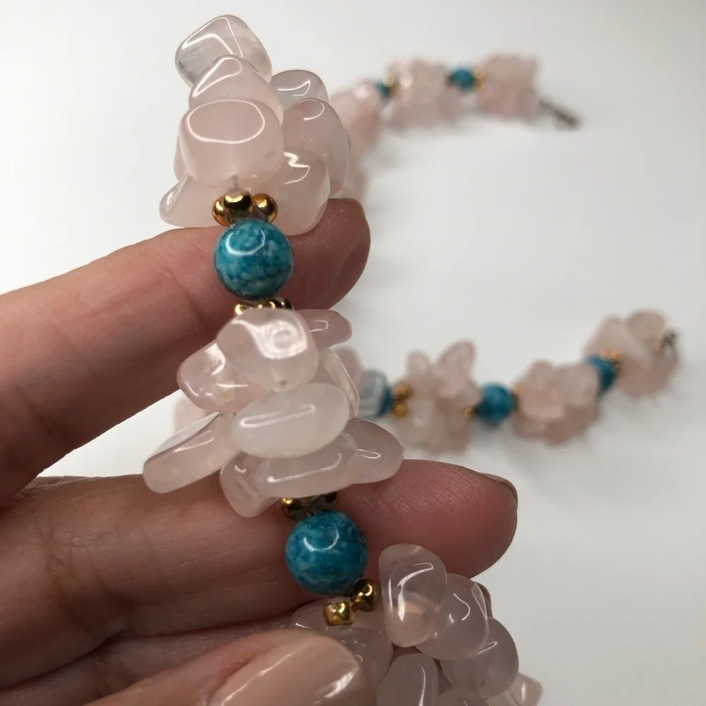 Vintage Chunky Rose Quartz & Turquoise Stone Necklace - Picture 3 of 4